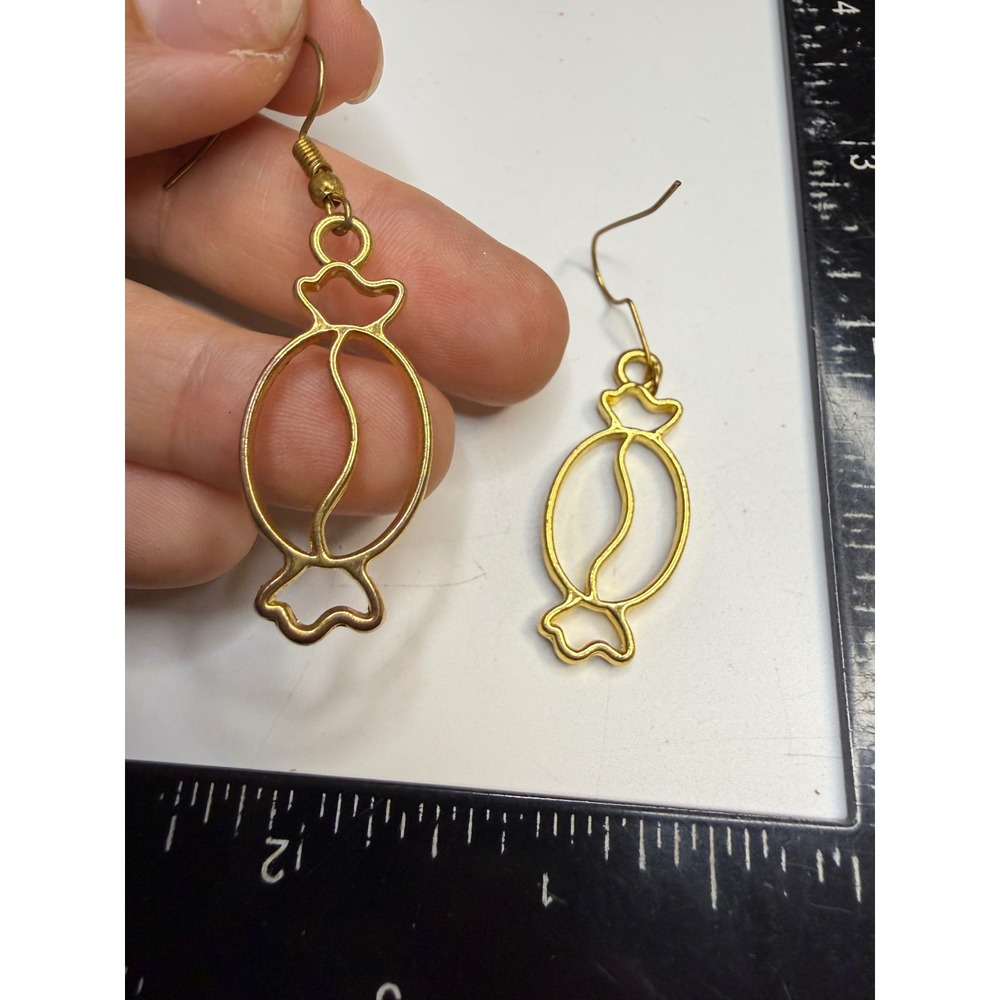 Gold Tone Candy Wrapper Drop Earrings Whimsical Novelty Dangle Jewelry